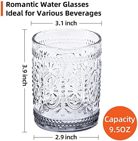 Yl-sesh [6 חבילה] 9.5 גרם כוסות מים רומנטיות, כלי זכוכית וינטג 'פרימיום, כוסות שתייה מובלטות אלגנטיות,